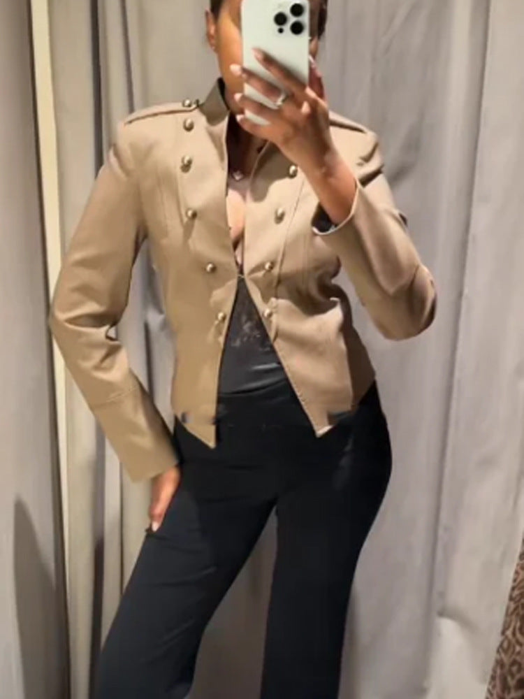 Ladies short blazer in military style with double-breasted decorative buttons Mune Fashion