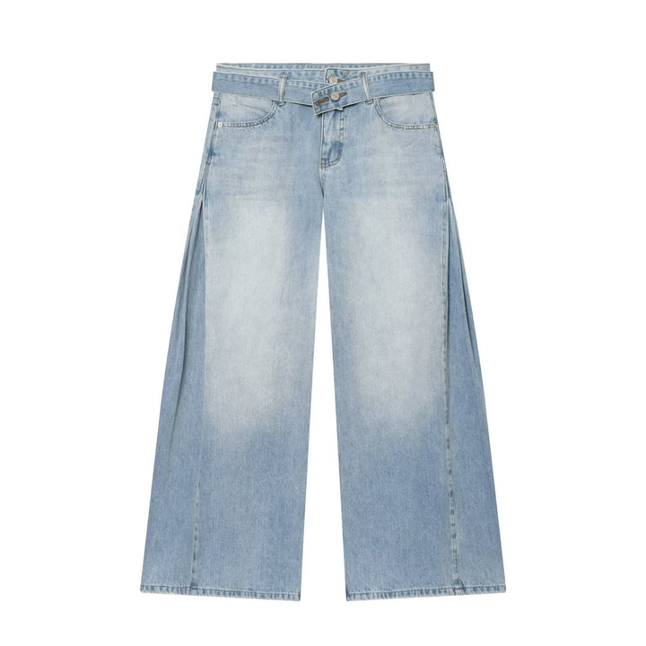 Women's Wide High-Waist Jeans with Decorative Belt and Side Insert Stripes Mune Fashion