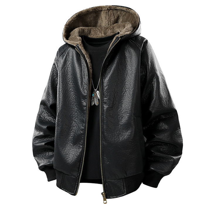 Herren gefütterte Kunstleder-Bomberjacke mit Kapuze und Teddyfutter Mune Fashion
