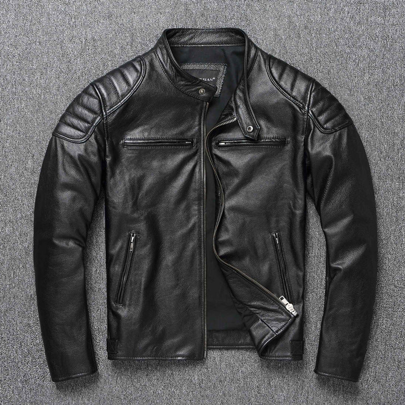Men's leather jacket in vintage biker style with chest pockets and zipper Mune Fashion