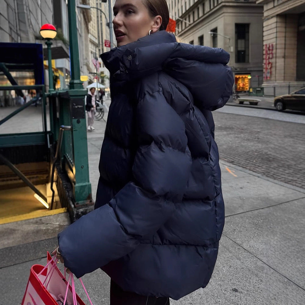 Women's Oversized Quilted Puffer Jacket with Removable Hood and Two-Way Zipper Mune Fashion