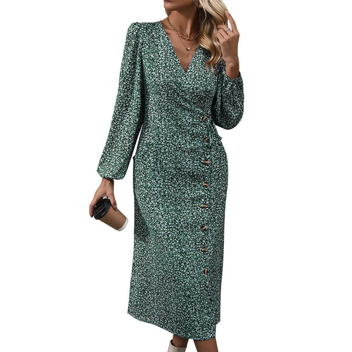 Women Floral Wrap Midi Dress with Asymmetrical Button Placket and Gathered Waist Mune Fashion