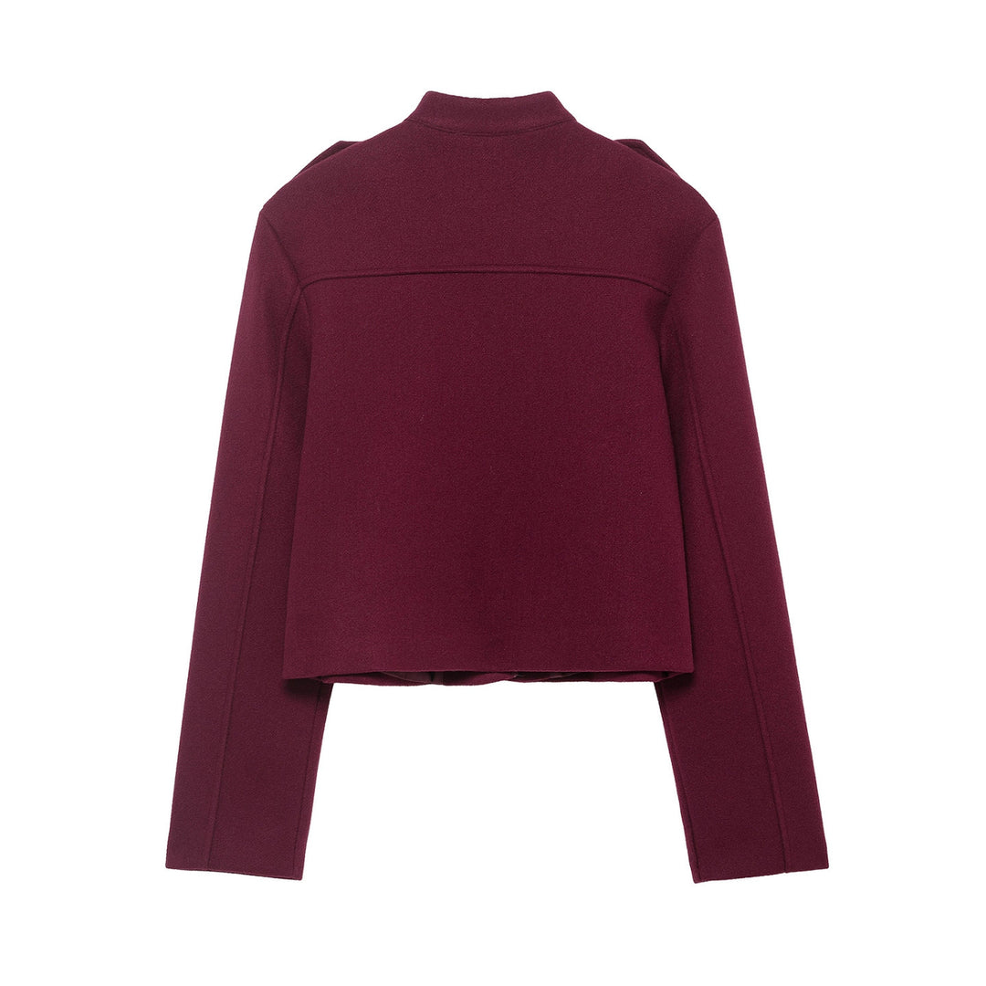 Women's Short Cut Military Inspired Wool Jacket with Stand-Up Collar, Epaulettes and Gold Button Details Mune Fashion