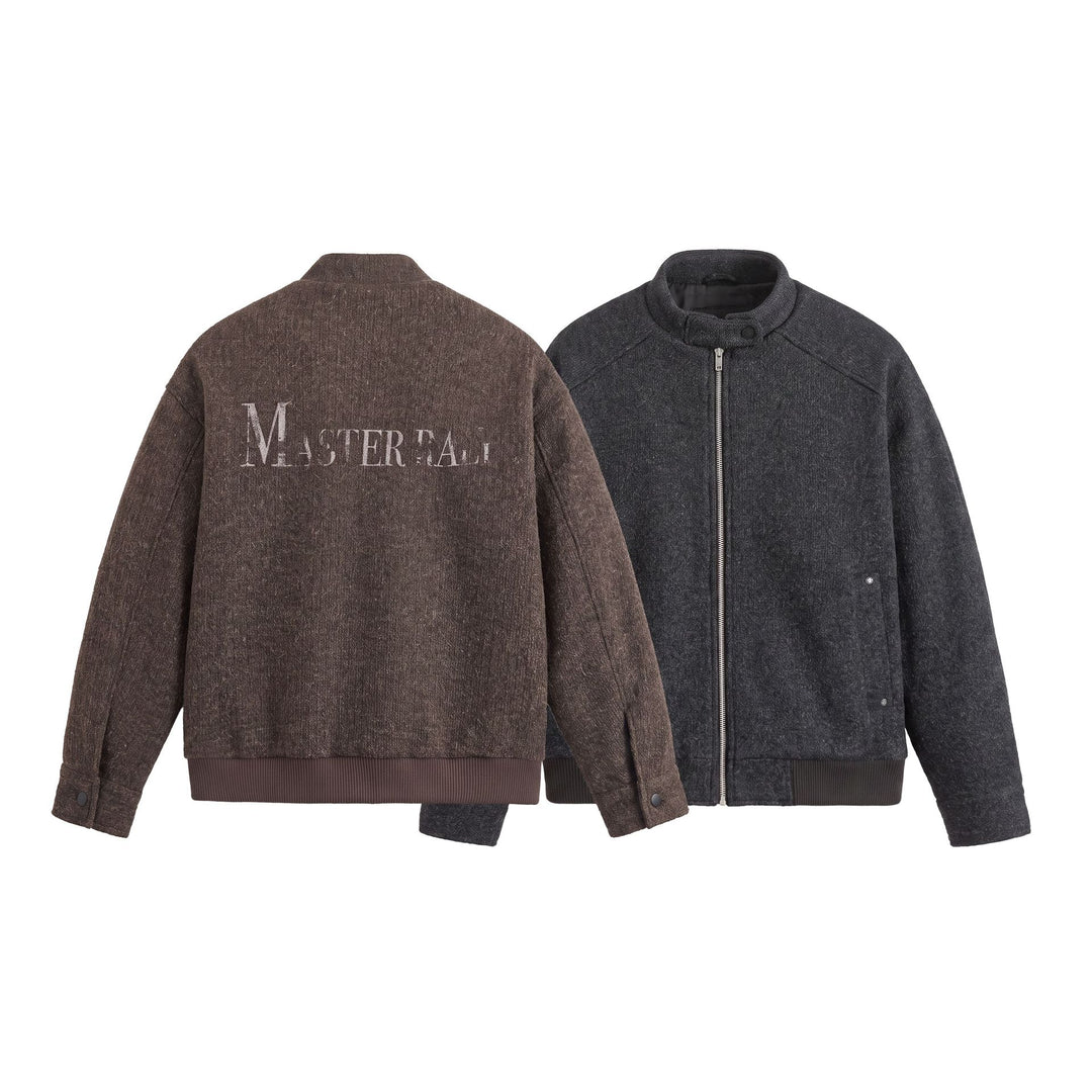 Men's Short Boxy Wool Mix Bomber with Stand-Up Collar and Ribbed Hem Mune Fashion