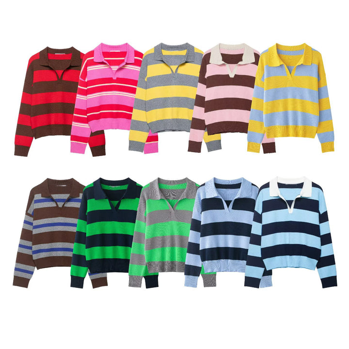 Women Striped Rugby Polo Sweater with V-Notch and Cropped Hem Mune Fashion
