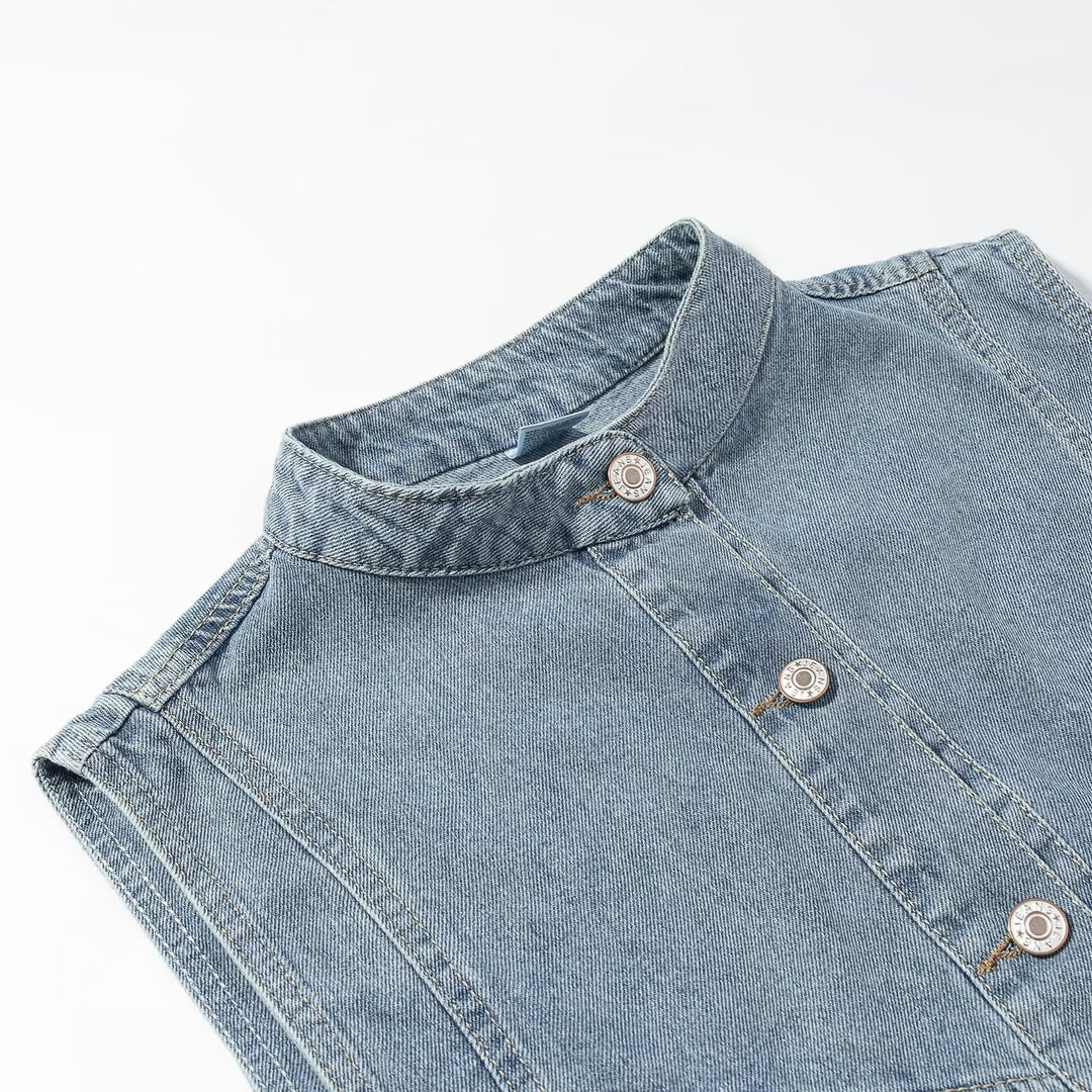 Women's jeans vest with stand-up collar, full-length button placket, and patch pockets Mune Fashion