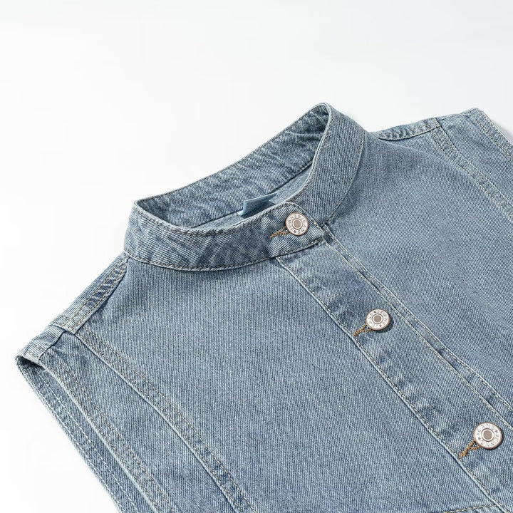 Women's jeans vest with stand-up collar, full-length button placket, and patch pockets Mune Fashion