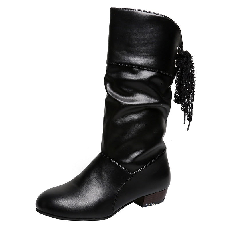 Women's Refined Boots with Mid-Height Shaft, Soft Gather and Decorative Bow Binding Mune Fashion