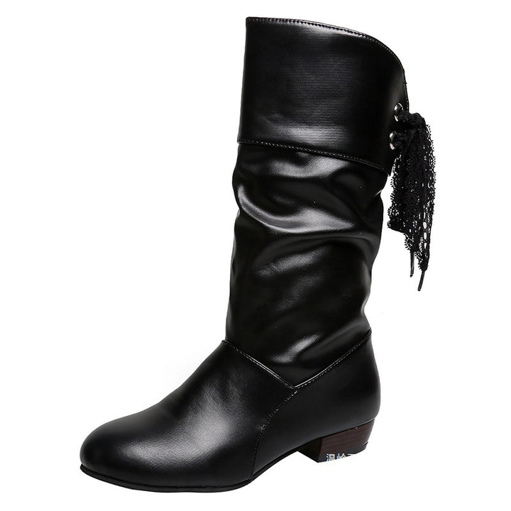Women's Refined Boots with Mid-Height Shaft, Soft Gather and Decorative Bow Binding Mune Fashion