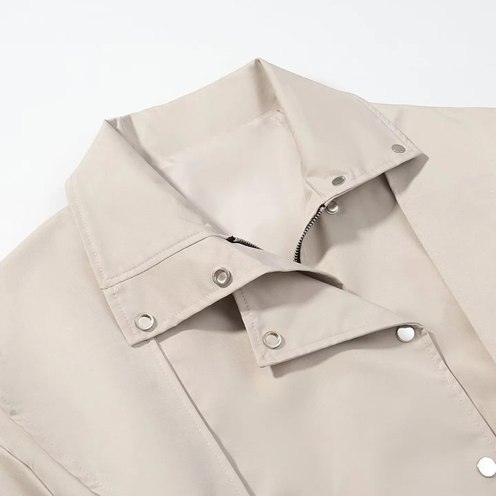 Women's short trench coat with cape shoulder, high stand-up collar and tie belt Mune Fashion