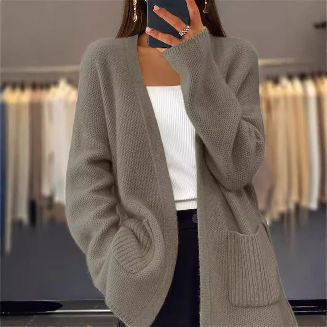 Ladies long cardigan with tie belt, patch rib pockets and loose waffle knit Mune Fashion