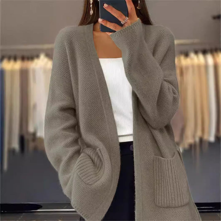 Ladies long cardigan with tie belt, patch rib pockets and loose waffle knit Mune Fashion