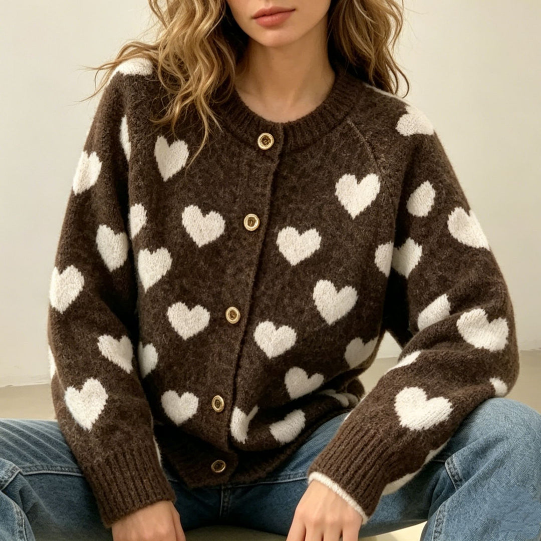 Women's Cozy Jacquard Cardigan with Heart Motif, Raglan Sleeves and Button Placket Mune Fashion