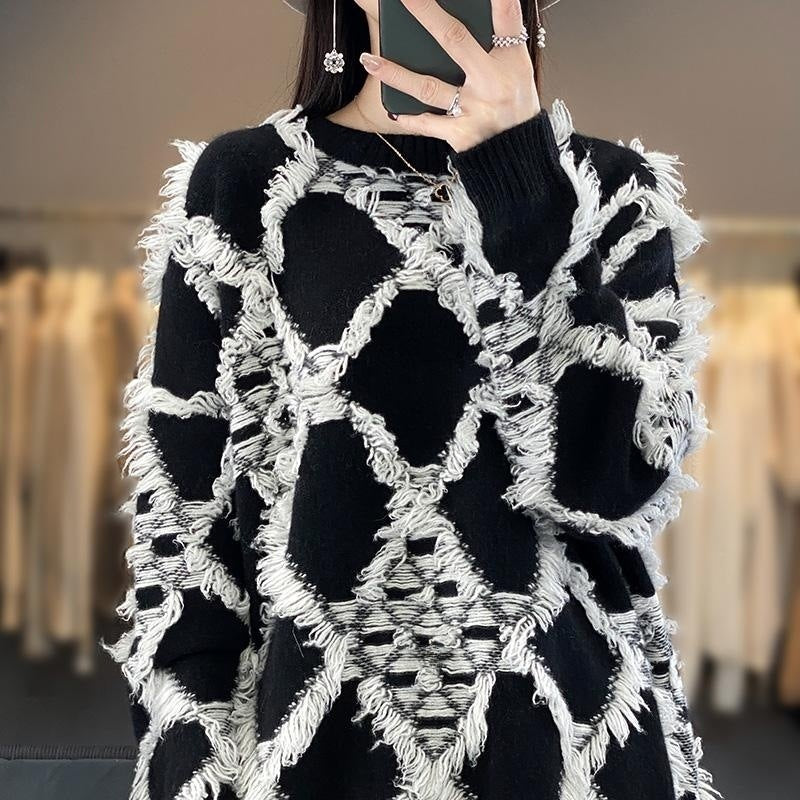 Women's Oversized Knit Sweater with Fringe Diamond Pattern and Soft Mohair Look Mune Fashion