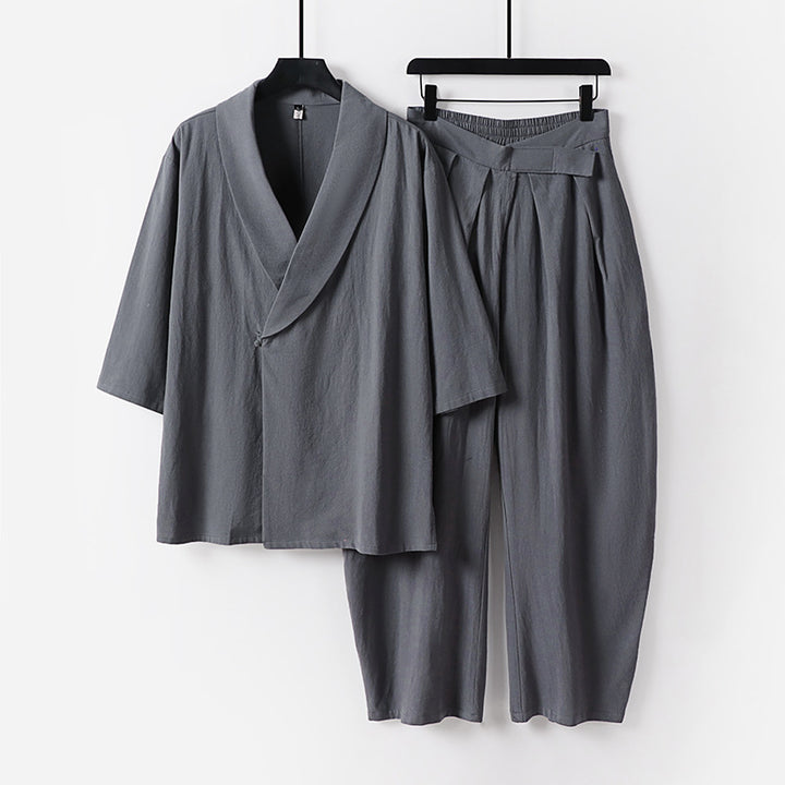 Women's Two-Piece Kimono Loungewear Set with Shawl Collar Short Sleeve Top and High-Waisted Pleated Pants Mune Fashion