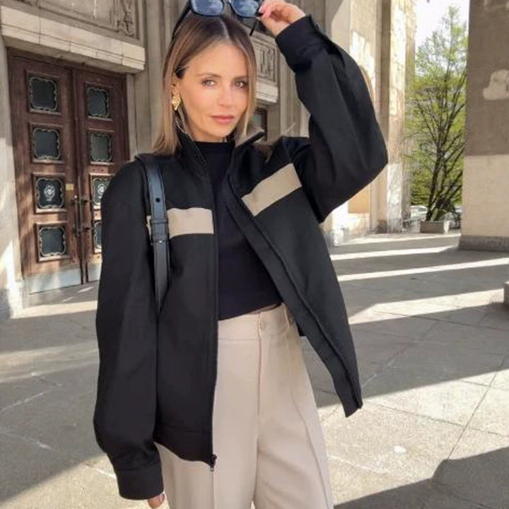 Women's Cropped Bomber Jacket with Contrast Stripes, Stand Collar and Boxy Silhouette Mune Fashion
