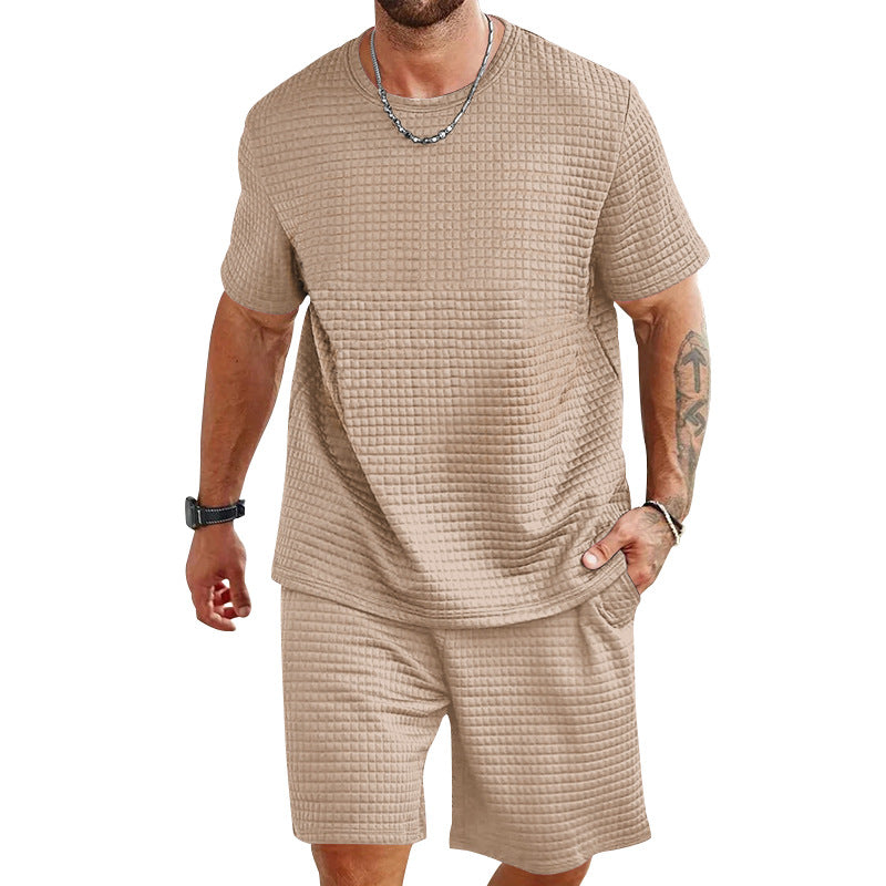 Men's waffle structure lounge and leisure set with wide-cut short-sleeve shirt and shorts with elastic waistband Mune Fashion