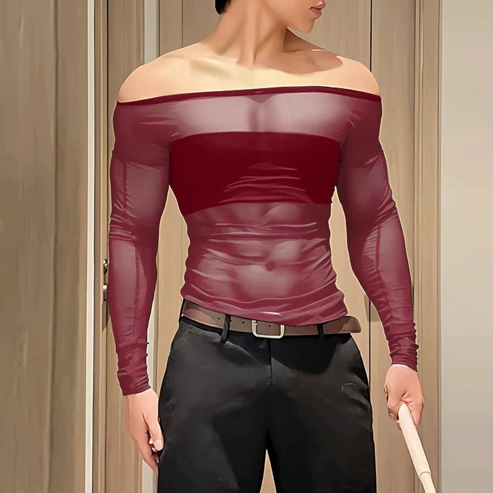 Ladies' sheer mesh long sleeve top with opaque chest band and wide round neckline Mune Fashion