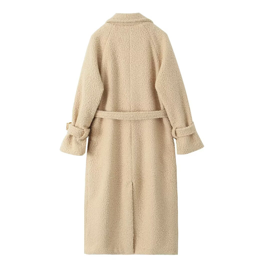 Women's Double-Breasted Teddy Coat with Tie Belt and Buckle Sleeves Mune Fashion
