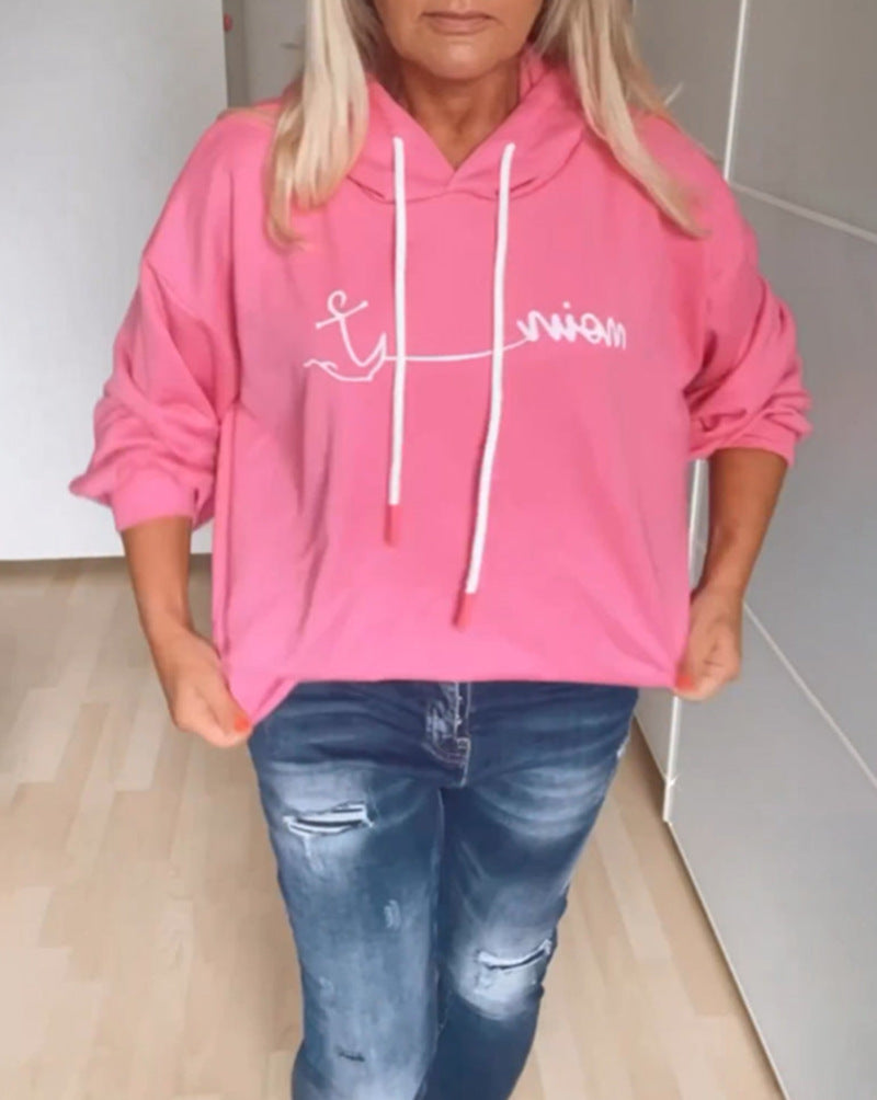 Women casual hoodie with minimalist line graphic, drawstring and ribbed hem Mune Fashion