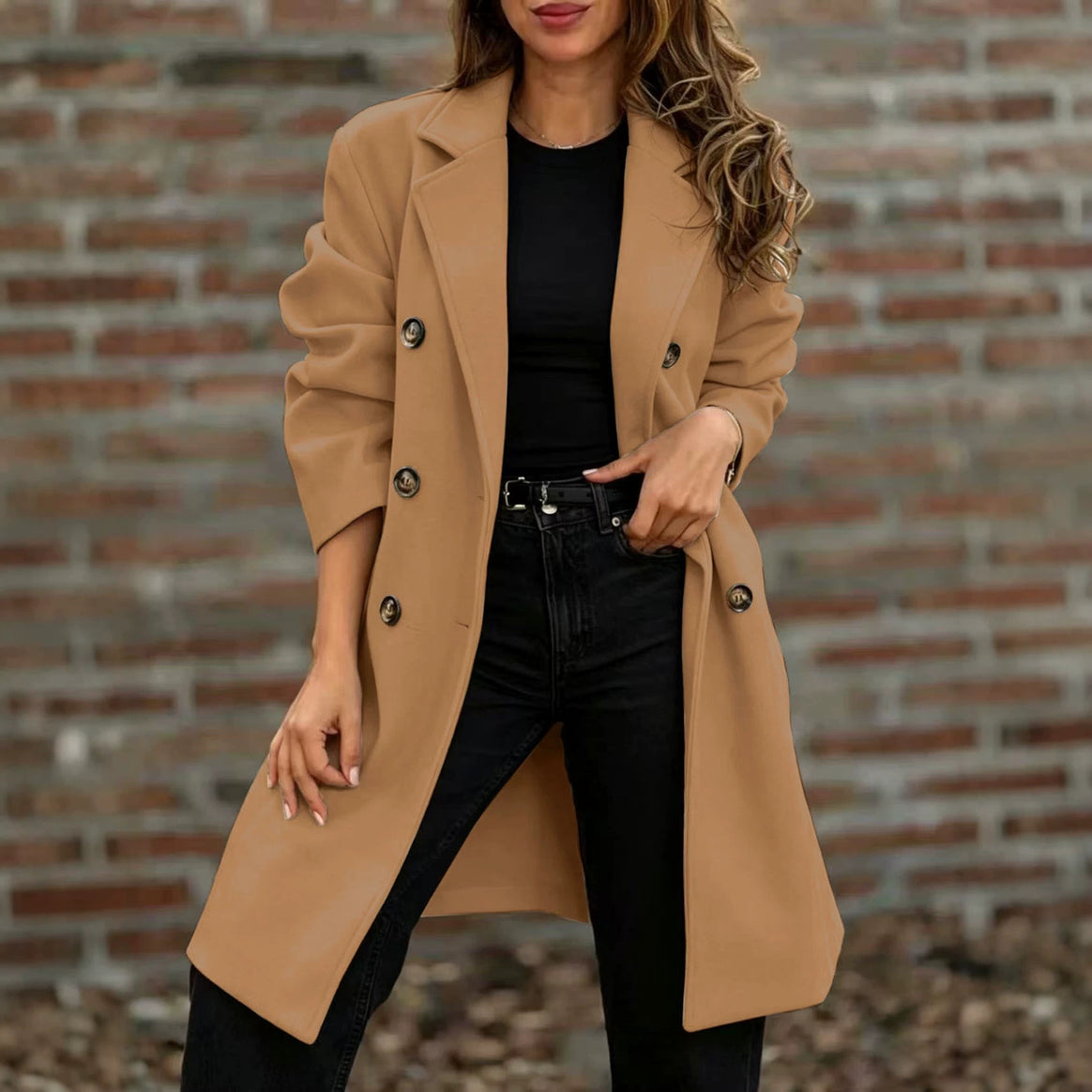Women double-breasted wool blend short coat with lapel collar Mune Fashion