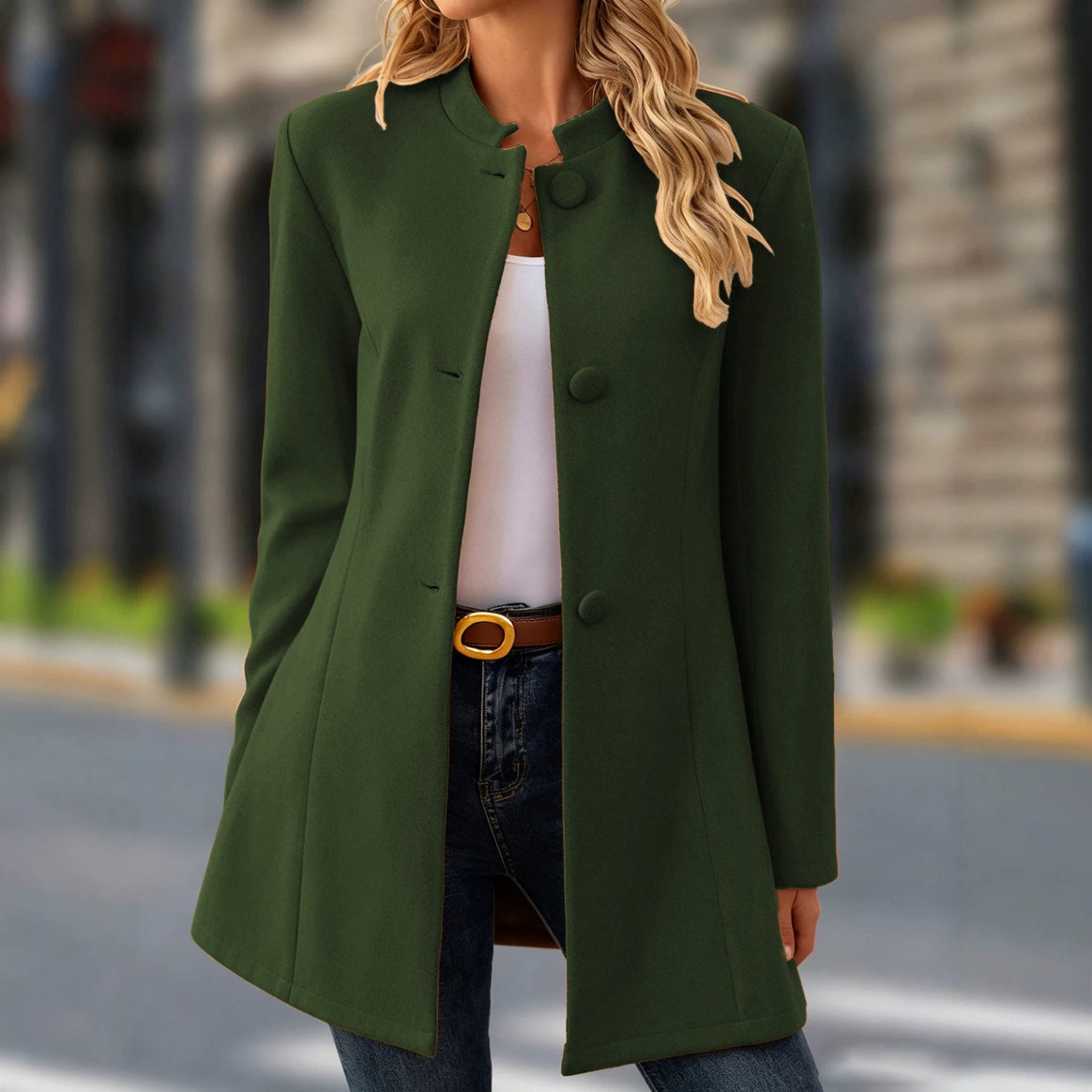 Women's Tailored Stand Collar Coat with Fabric Covered Buttons Mune Fashion