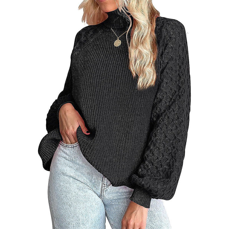 Women's fine knit sweater with turtleneck and voluminous cable pattern sleeves Mune Fashion