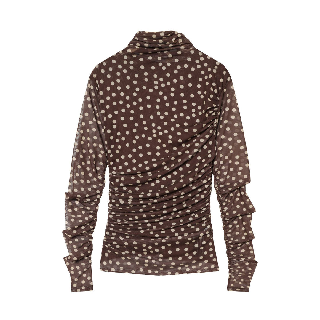Women's gathered long sleeve mesh top with roll neck and polka dot print Mune Fashion