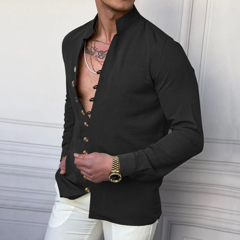 Men's elegant long-sleeve linen shirt with stand-up collar, asymmetrical button placket, and slim fit Mune Fashion