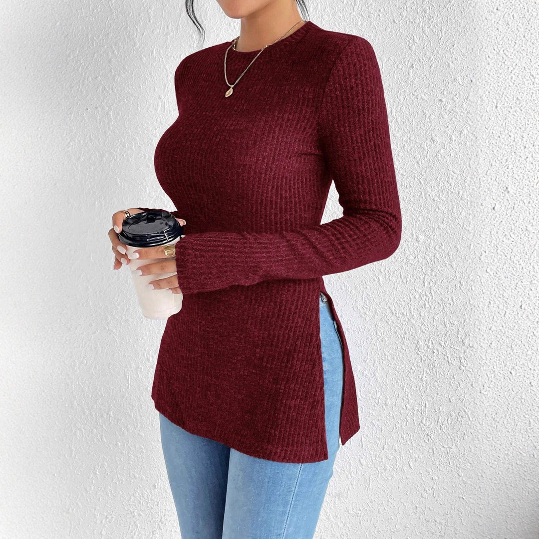 Women's Ribbed Tailored Fine Knit Sweater with Stand-up Collar, Long Sleeves and Side Slits Mune Fashion
