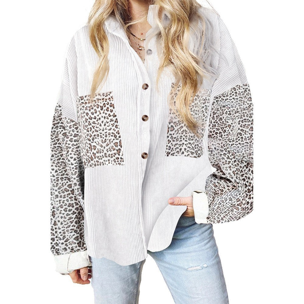Women's Oversize Cord Shirt with Continuous Button Placket, Leo Contrast Sleeves and Patch Pockets Mune Fashion