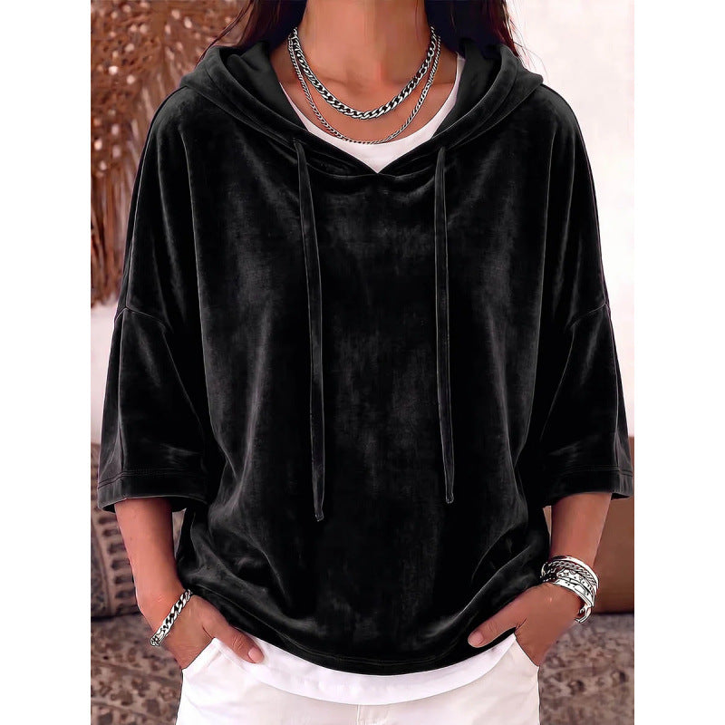 Women Oversize Velvet Half-Sleeve Hoodie with Drawstring and Pockets Mune Fashion