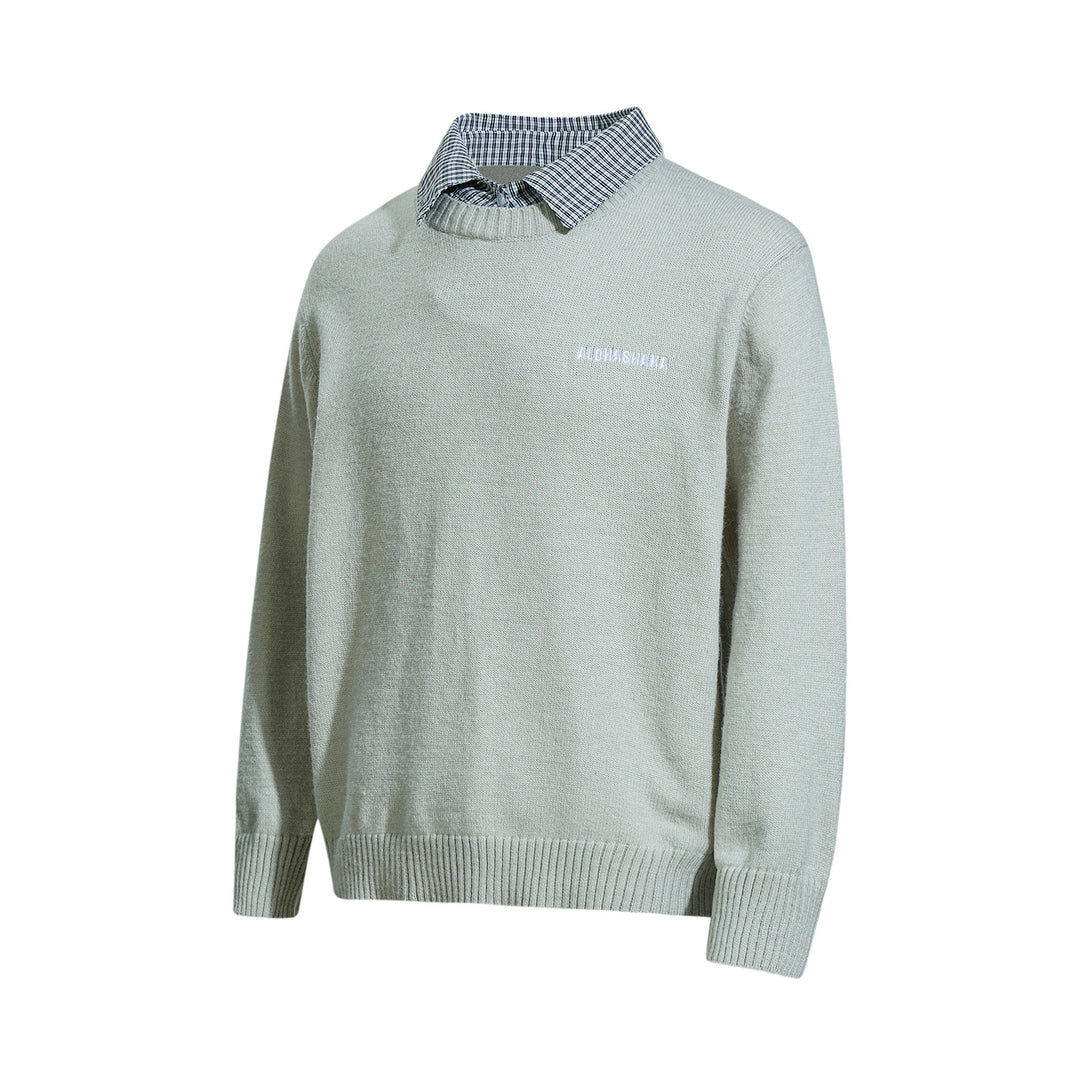 Men's round neck sweater with embroidered logo and layered shirt collar Mune Fashion