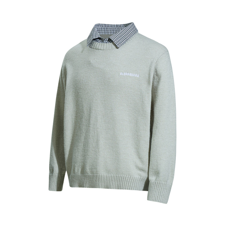 Men's round neck sweater with embroidered logo and layered shirt collar Mune Fashion