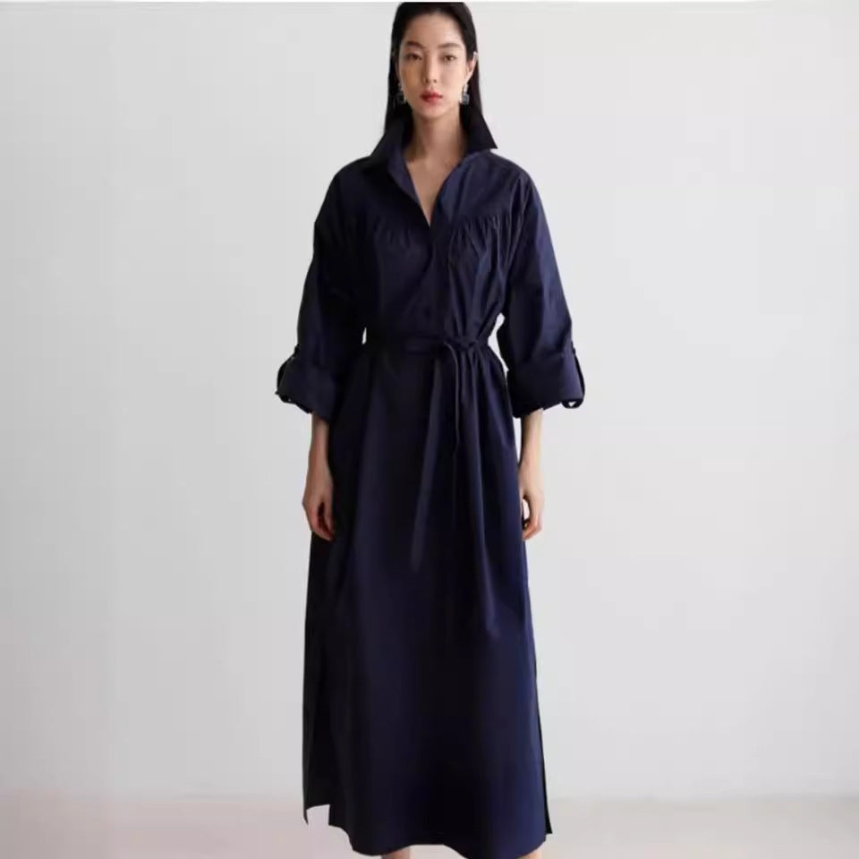 Women Long Sleeve Shirt Blouse Maxi Dress with Structured Shoulder Yoke and Tie Belt Mune Fashion