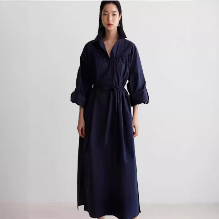 Women Long Sleeve Shirt Blouse Maxi Dress with Structured Shoulder Yoke and Tie Belt Mune Fashion