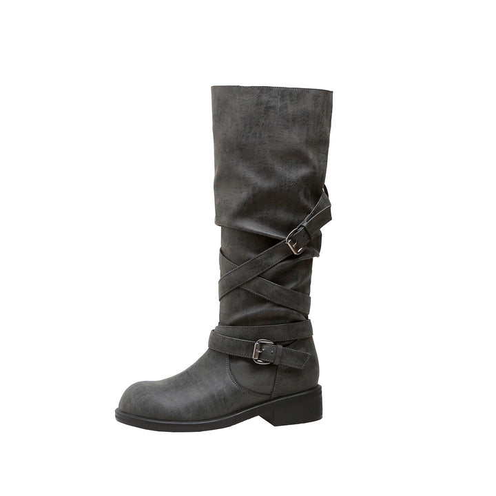 Women’s Knee-High Biker Boots with Wrap Straps and Adjustable Buckles Mune Fashion