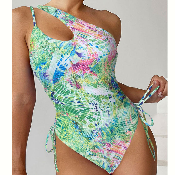 Women's One-Piece Swimsuit with Asymmetrical Neckline and Side Ties Mune Fashion
