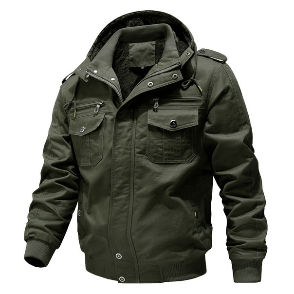 Men's Water-Repellent Canvas Bomber with Warm Sherpa Lining, Hood, and Utility Pockets Mune Fashion