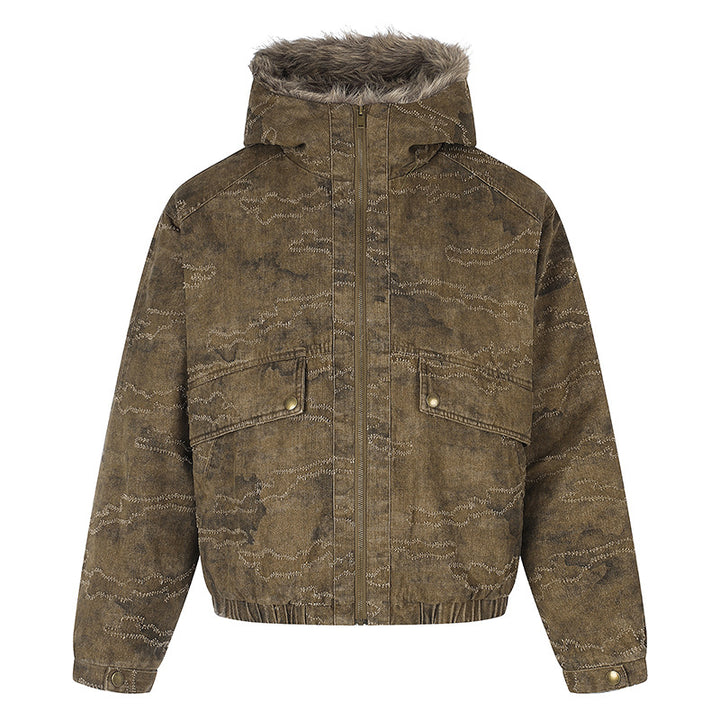 Women Padded Hooded Bomber Jacket with Faux Fur Trim, Camouflage Effect and Elastic Hem Mune Fashion