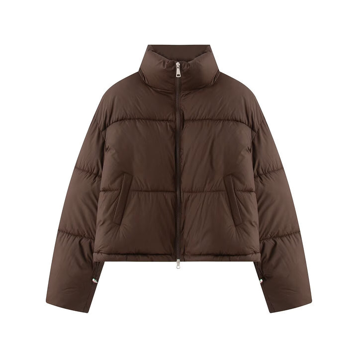 Women's Cropped Oversize Puffer Jacket with High Stand Collar and Two-Way Zipper Mune Fashion