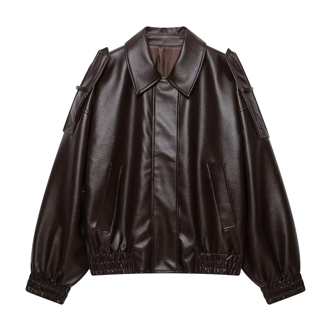 Women's Oversized Faux Leather Bomber Jacket with Epaulettes, Elastic Hem and Pockets Mune Fashion