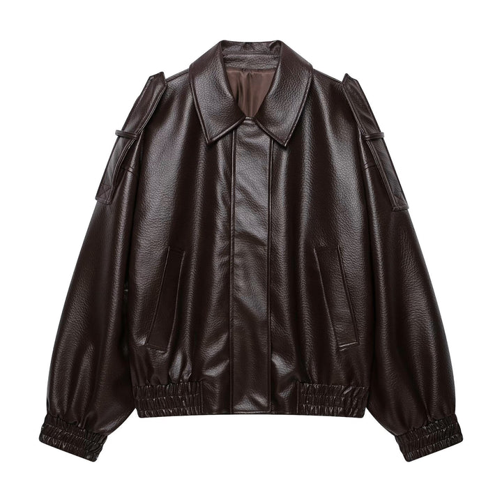 Women's Oversized Faux Leather Bomber Jacket with Epaulettes, Elastic Hem and Pockets Mune Fashion