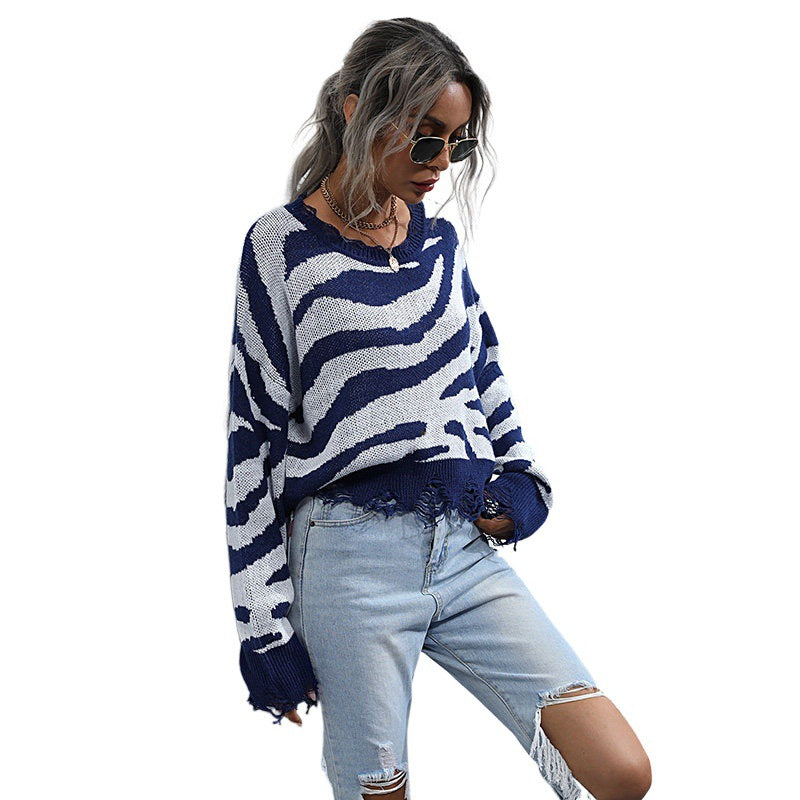 Ladies Stylish Cropped Sweater with Zebra Pattern Mune Fashion