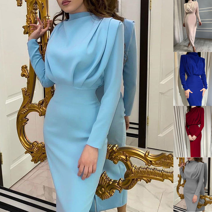Ladies nan elegant midi dress with draped waterfall front, tailored pencil silhouette and long sleeves Mune Fashion