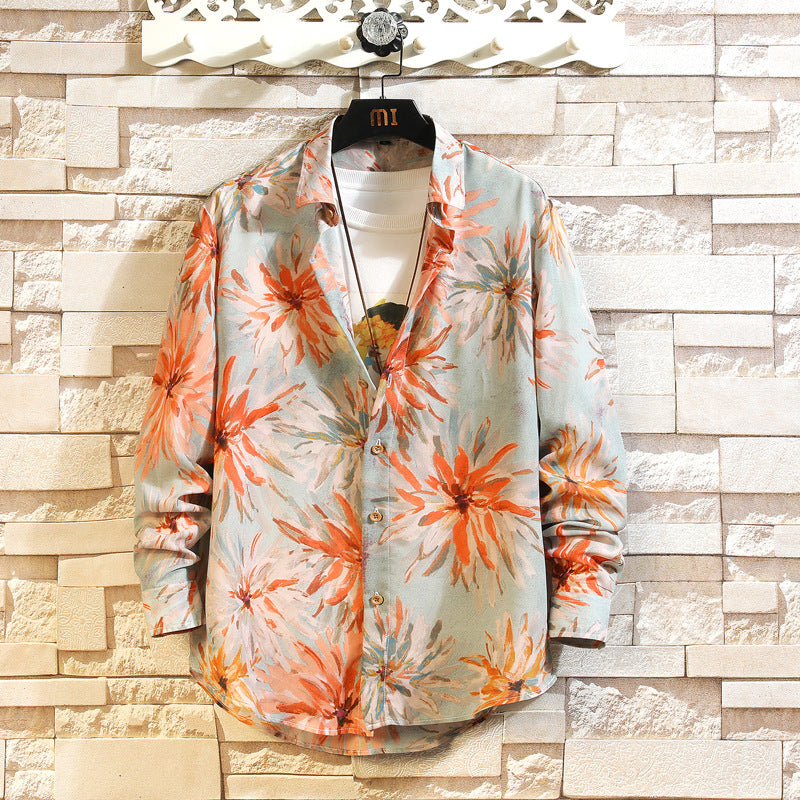 Men's Loose Linen Shirt with Large Floral Print and Shirt Collar Mune Fashion