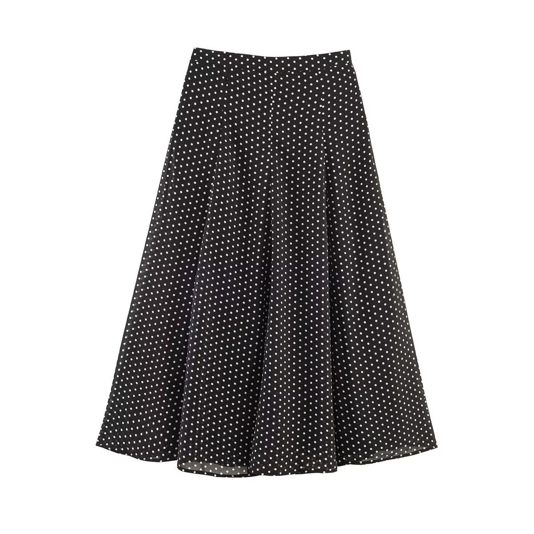 Ladies Flowing Midi Skirt in Vintage Polka Dot Design with Flared Plate Cut Mune Fashion