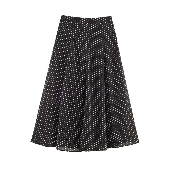 Ladies Flowing Midi Skirt in Vintage Polka Dot Design with Flared Plate Cut Mune Fashion