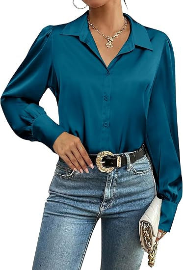 Women's silk look blouse with shirt collar, concealed button placket and long cuffs Drune