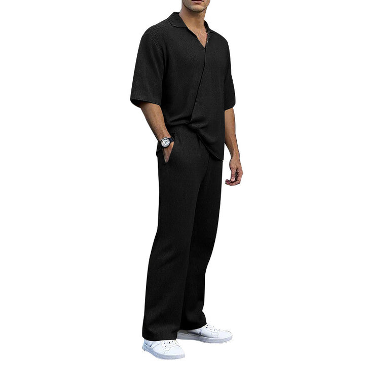 Men's finely structured two-piece set with open polo collar short sleeve shirt and straight comfort waistband pants Mune Fashion